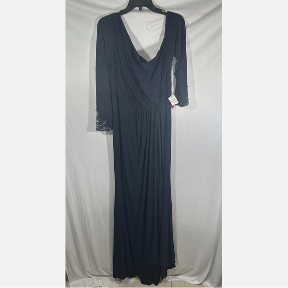 NWT Mac Duggal [ Plus 18W ] Ruched‎ One-Shoulder Long-Sleeve Gown Blue - Picture 3 of 16